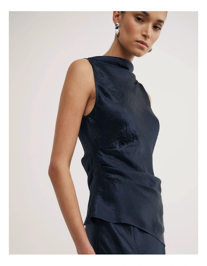 Crinkle High Neck Top in Navy image 3