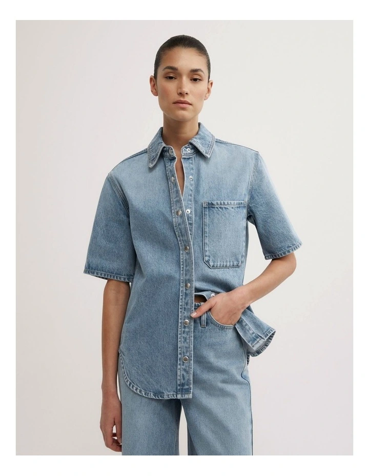 Short Sleeve Denim Snap Shirt in Coastal Blue image 1