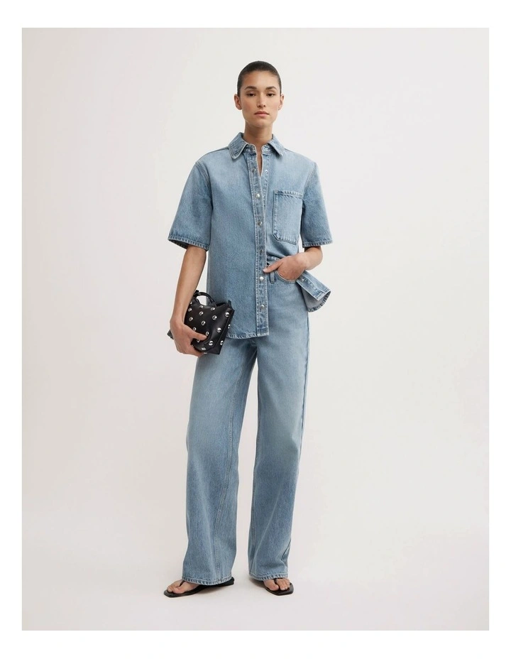 Short Sleeve Denim Snap Shirt in Coastal Blue image 2