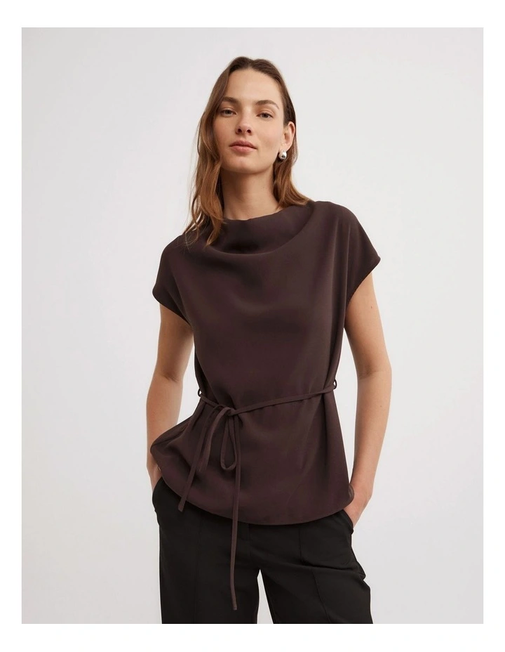 Cowl Tie Belt Top in Espresso image 3