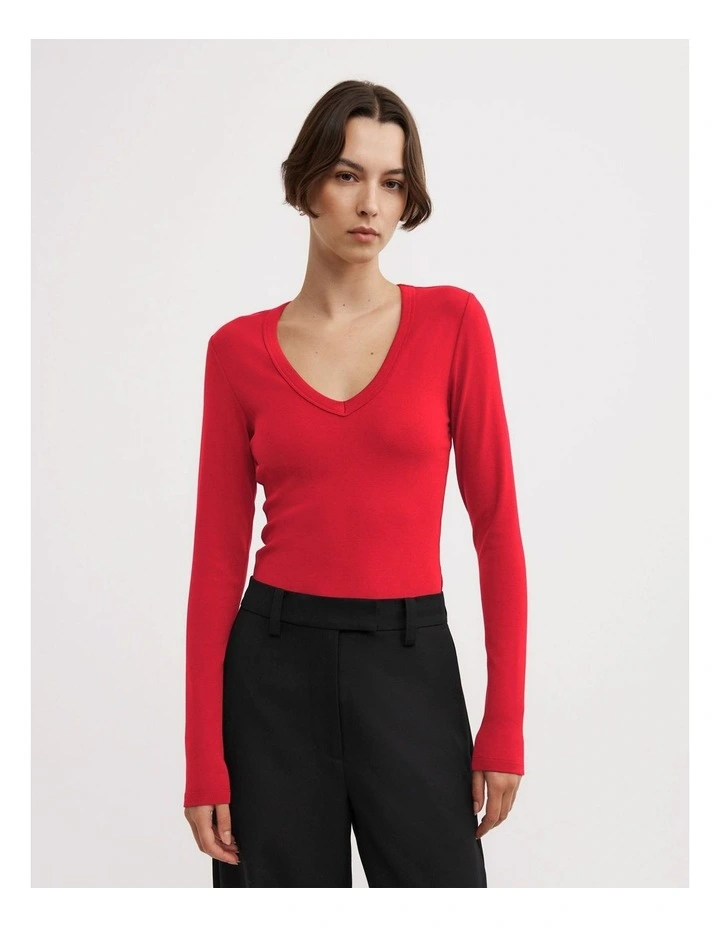 V Neck Long Sleeve Top in Red image 1
