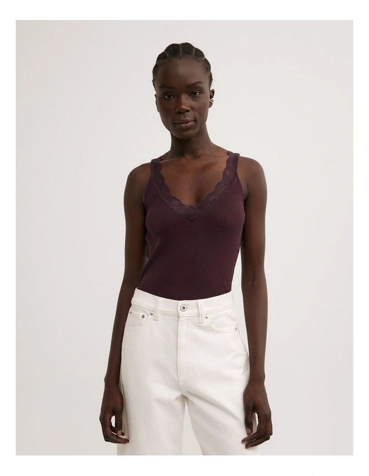 Lace Rib Tank Top in Plum image 1