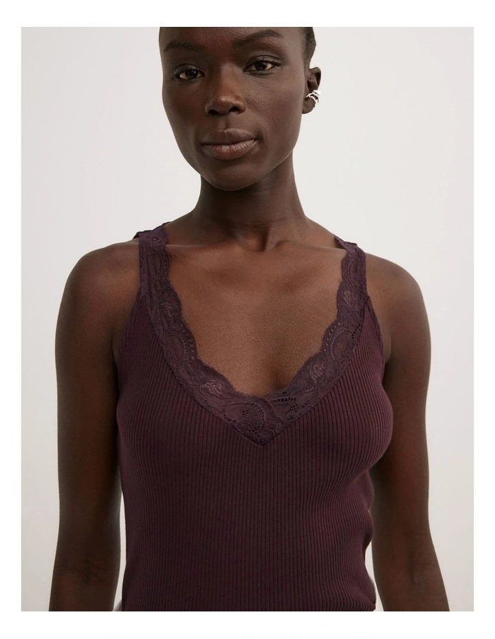 Lace Rib Tank Top in Plum image 3