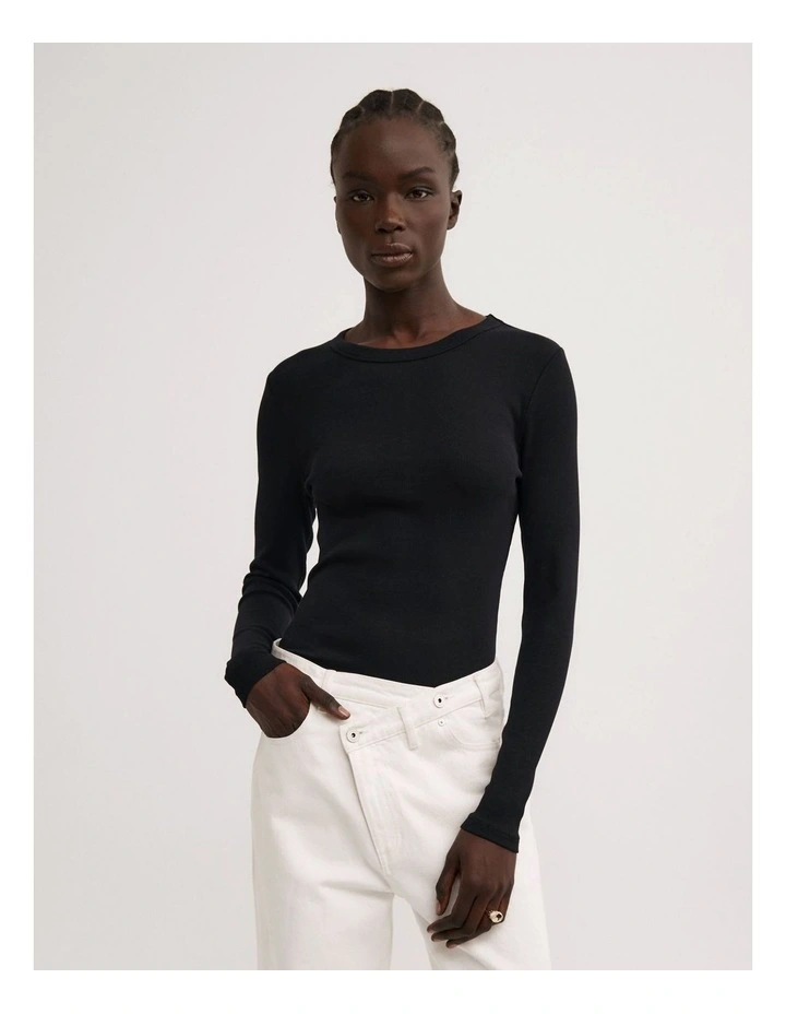Crew Rib Long Sleeve Top in Black image 1