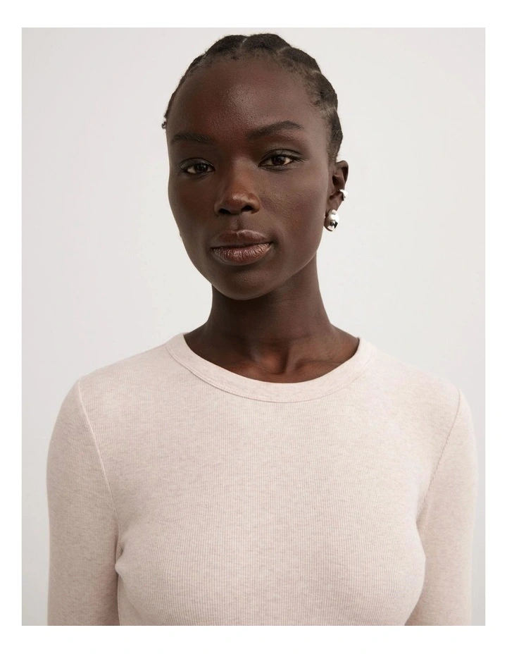 Crew Rib Long Sleeve Top in Oat Marle image 3