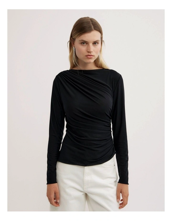 Mesh Drape Long Sleeve Top in Black image 1