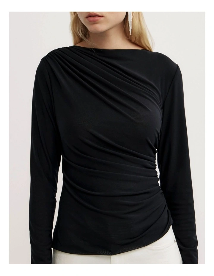 Mesh Drape Long Sleeve Top in Black image 3