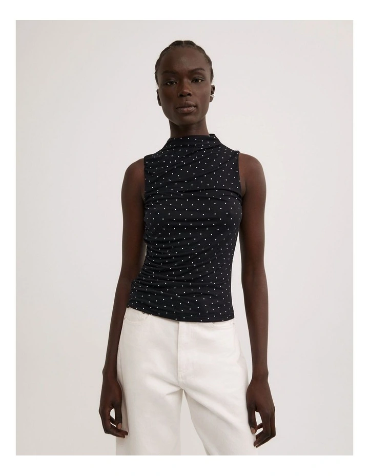 Gathered Jersey Top in Black Polka Dot image 1