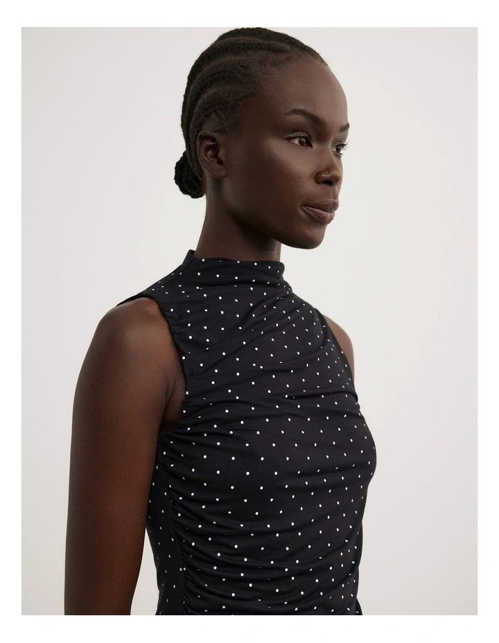 Gathered Jersey Top in Black Polka Dot image 3