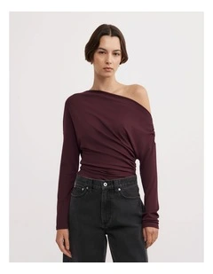 Asymmetric Draped Long Sleeve Top in Plum