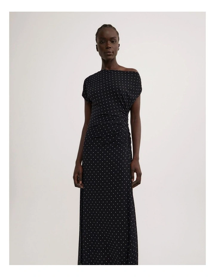 Off Shoulder Mesh Dress in Black Polka Dot image 2