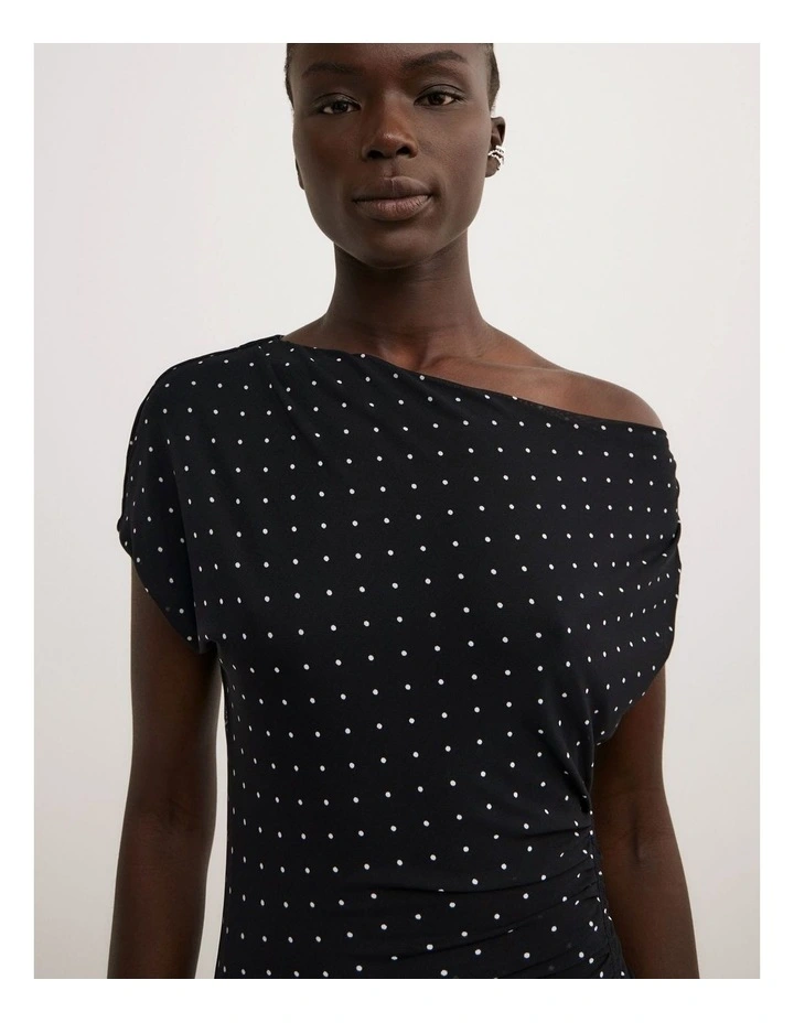 Off Shoulder Mesh Dress in Black Polka Dot image 3