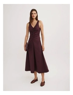 V Neck Gather Dress in Plum