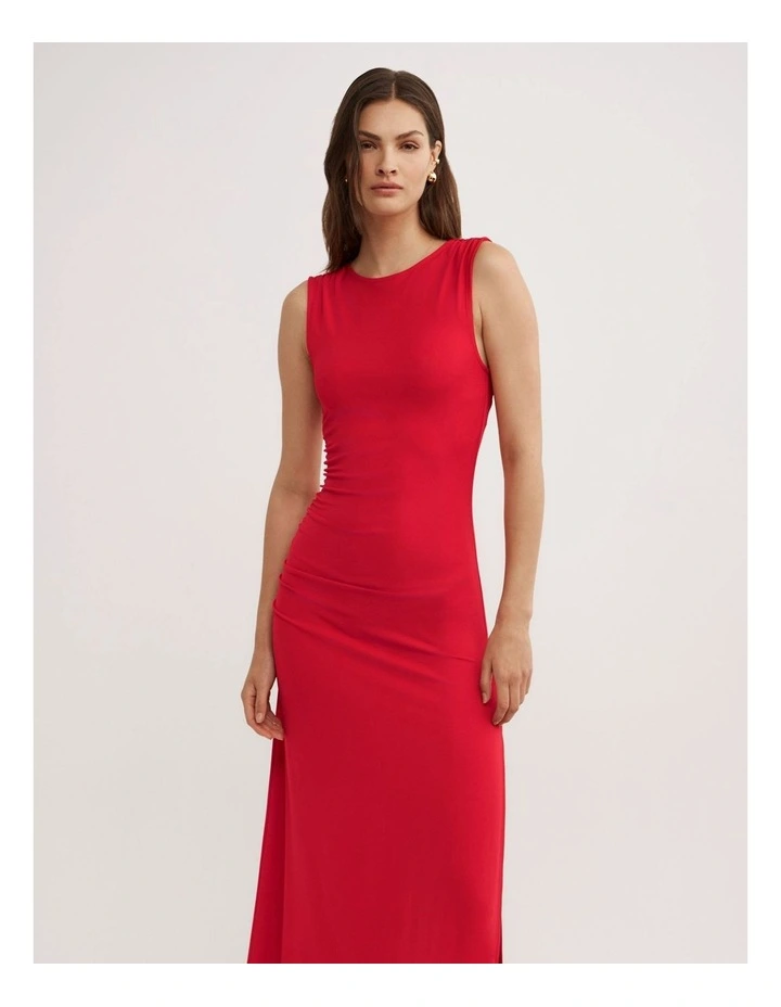Shoulder Gather Dress in Red image 2