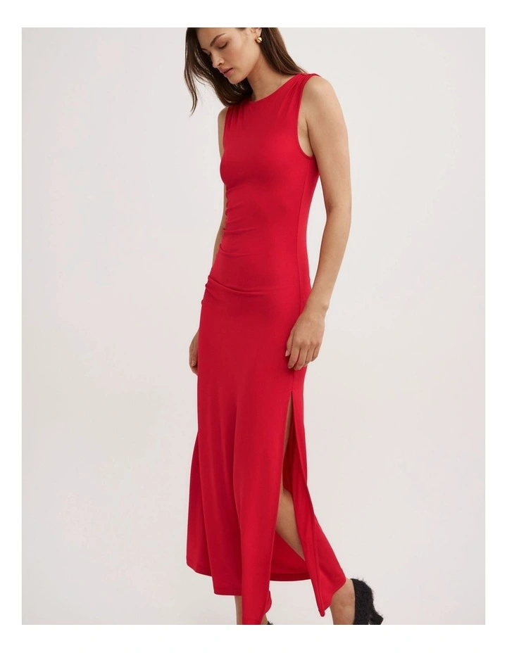 Shoulder Gather Dress in Red image 4