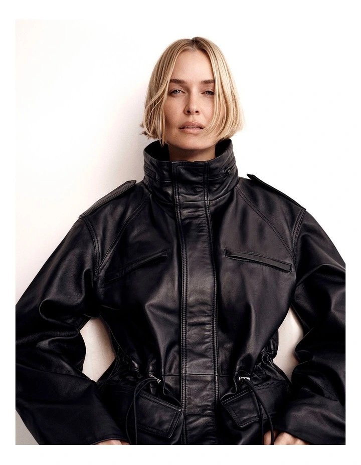 Leather Drawcord Funnel - Lara Worthington Neck Jacket in Black image 1