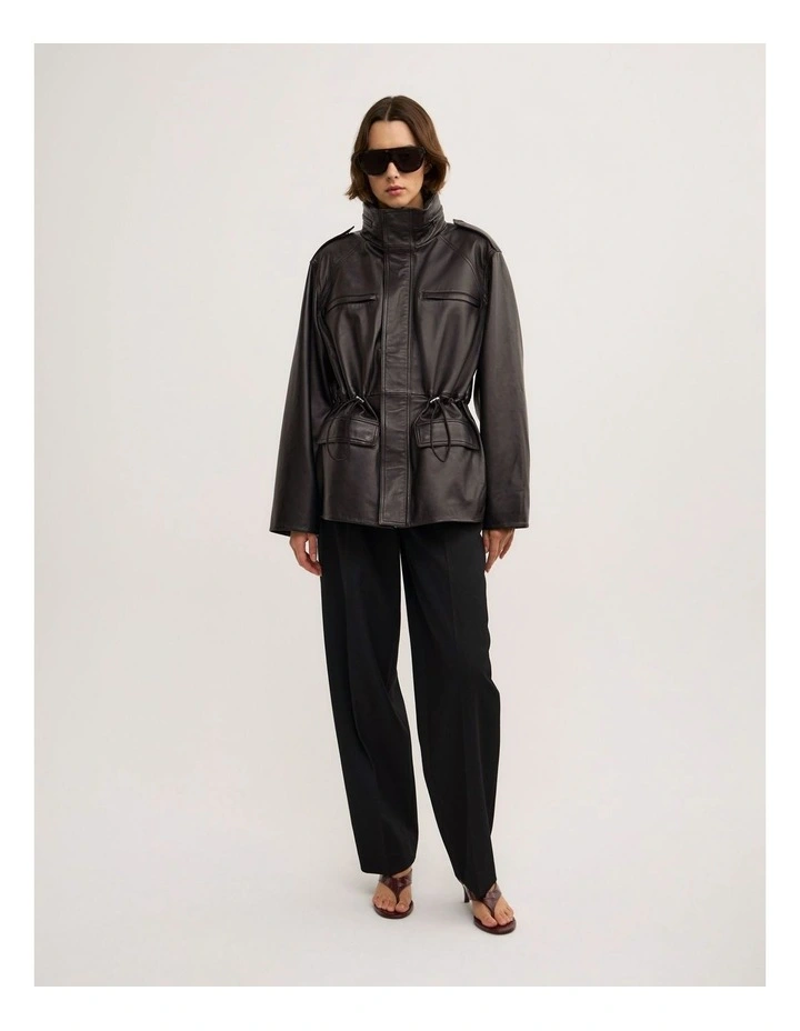 Leather Drawcord Funnel - Lara Worthington Neck Jacket in Black image 2