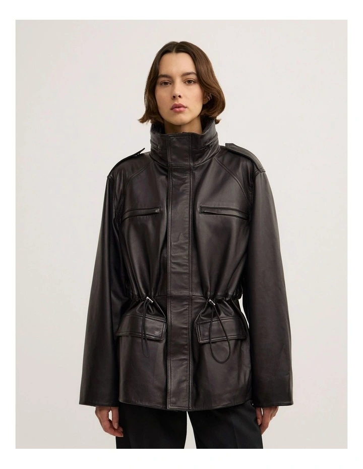 Leather Drawcord Funnel - Lara Worthington Neck Jacket in Black image 3
