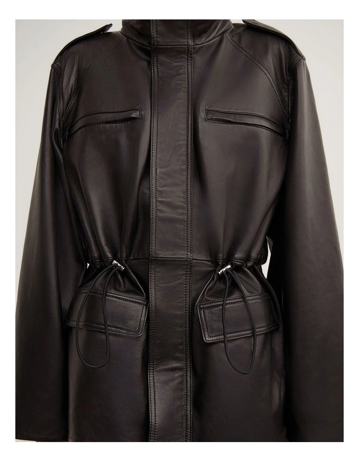 Leather Drawcord Funnel - Lara Worthington Neck Jacket in Black image 4