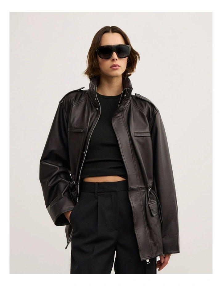Leather Drawcord Funnel - Lara Worthington Neck Jacket in Black image 5