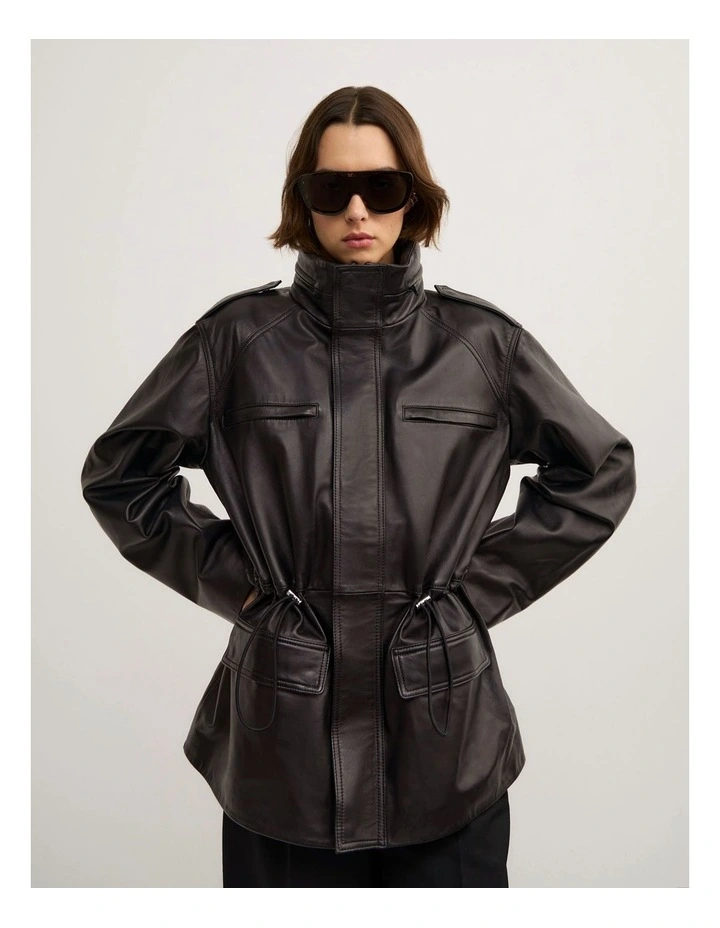 Leather Drawcord Funnel - Lara Worthington Neck Jacket in Black image 7