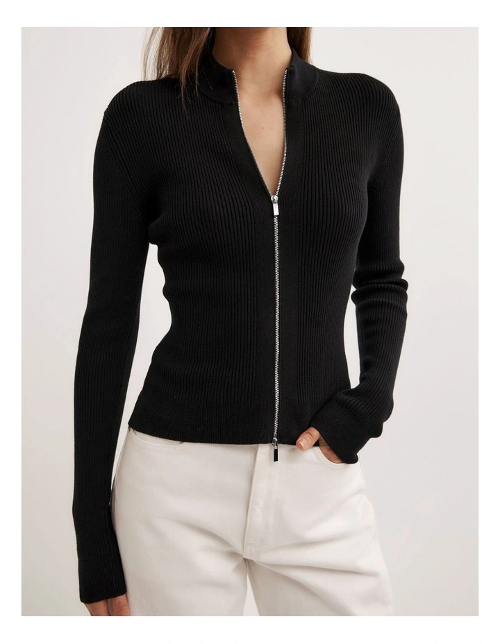 Double Zip Knit Cardigan in Black image 3