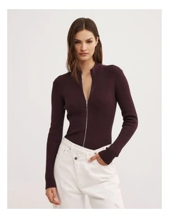 Double Zip Knit Cardigan in Plum