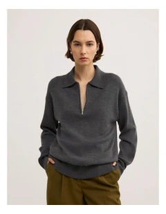 Zip Polo Knit Top in Charcoal Marle