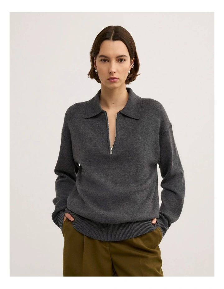 Zip Polo Knit Top in Charcoal Marle image 1