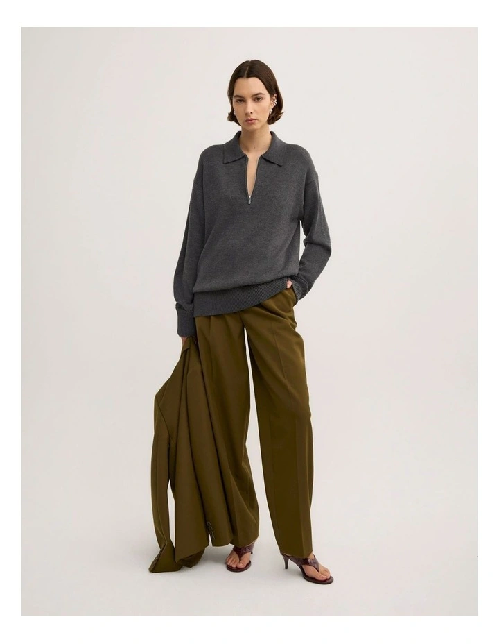 Zip Polo Knit Top in Charcoal Marle image 2