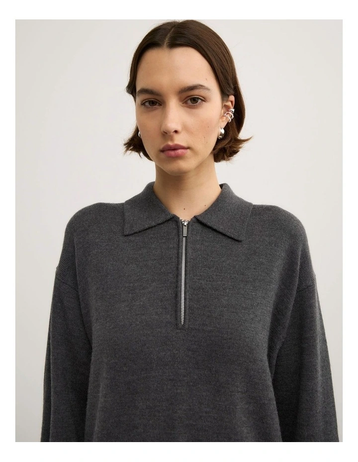 Zip Polo Knit Top in Charcoal Marle image 3