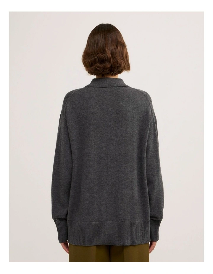 Zip Polo Knit Top in Charcoal Marle image 5