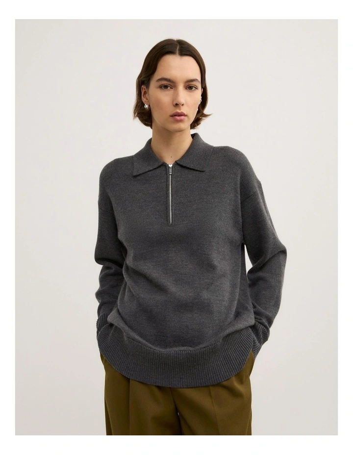 Zip Polo Knit Top in Charcoal Marle image 7