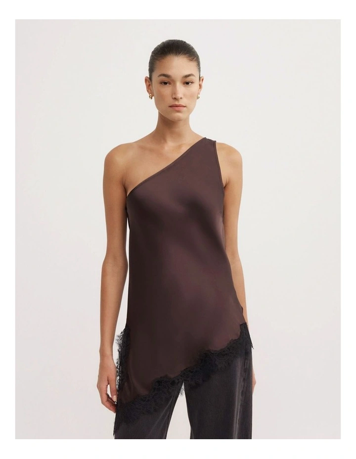 One Shoulder Lace Top in Espresso image 1