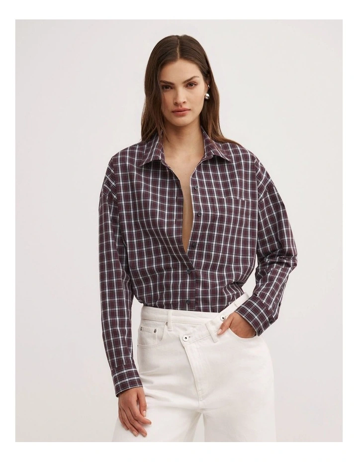 Curved Hem Shirt in Plum Check image 1