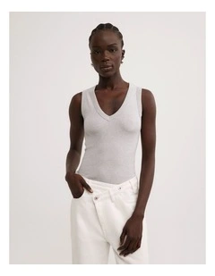 Fine Rib V-neck Tank Top in Light Grey Marle