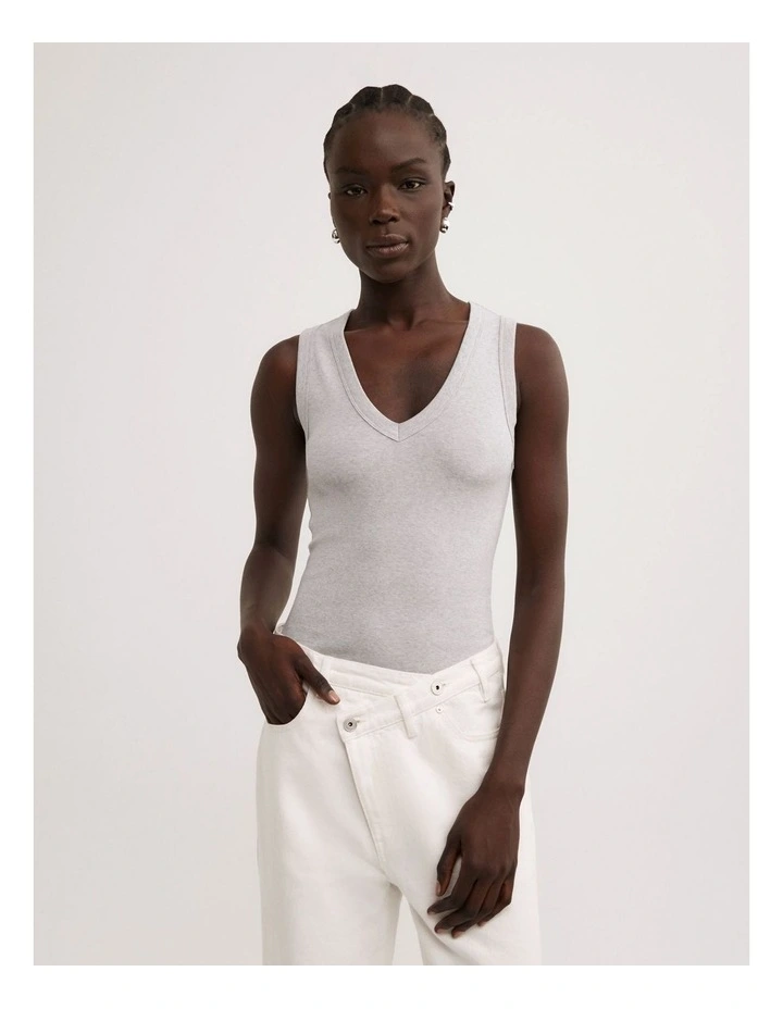 Fine Rib V-neck Tank Top in Light Grey Marle image 1