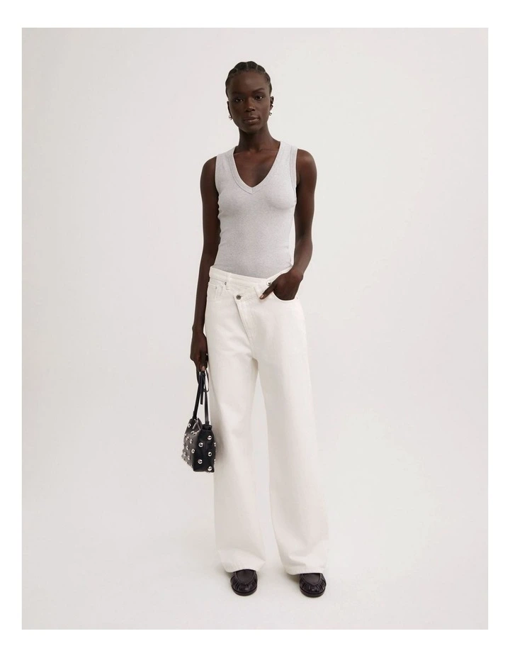 Fine Rib V-neck Tank Top in Light Grey Marle image 2