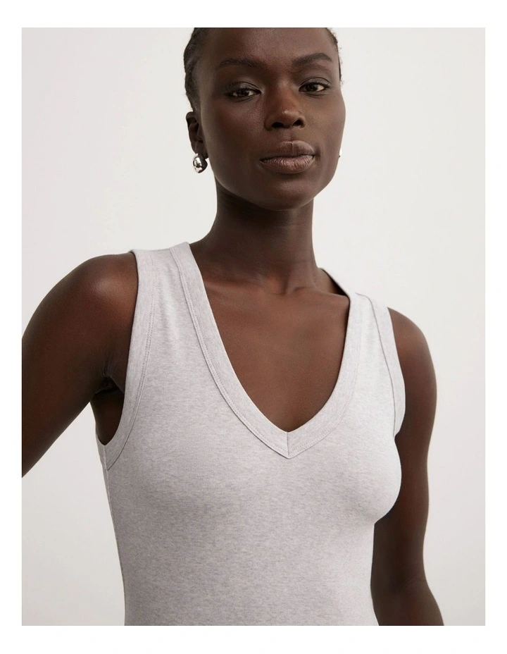 Fine Rib V-neck Tank Top in Light Grey Marle image 3