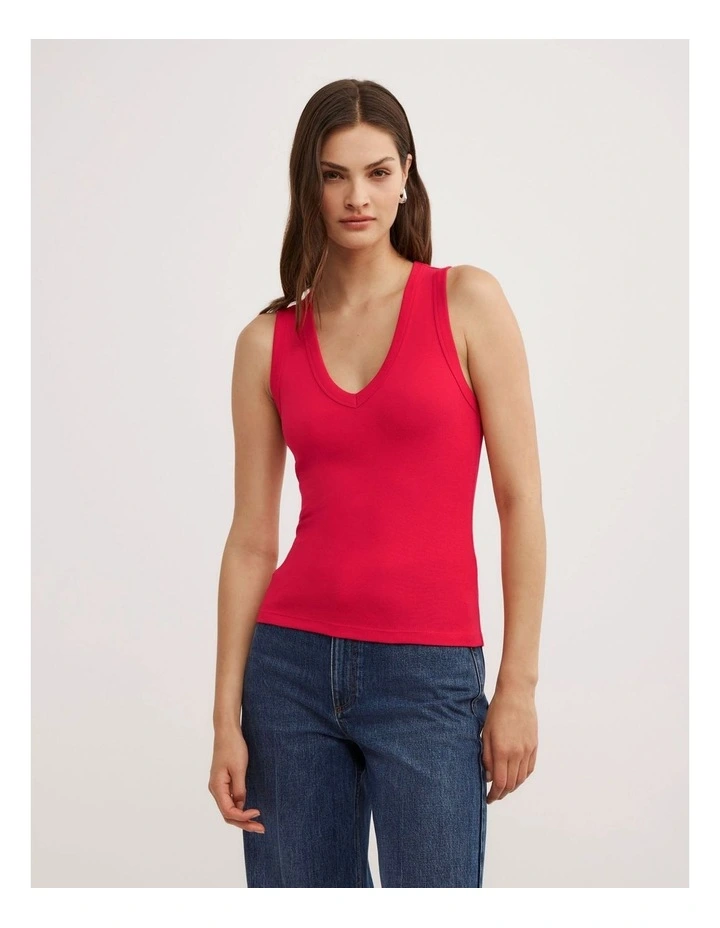 Fine Rib V-neck Tank Top in Red image 1