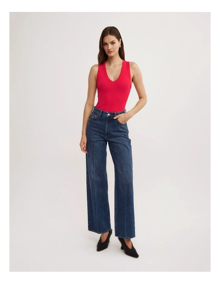 Fine Rib V-neck Tank Top in Red image 2