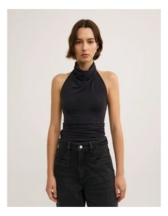 High Neck Cowl Top in Washed Black