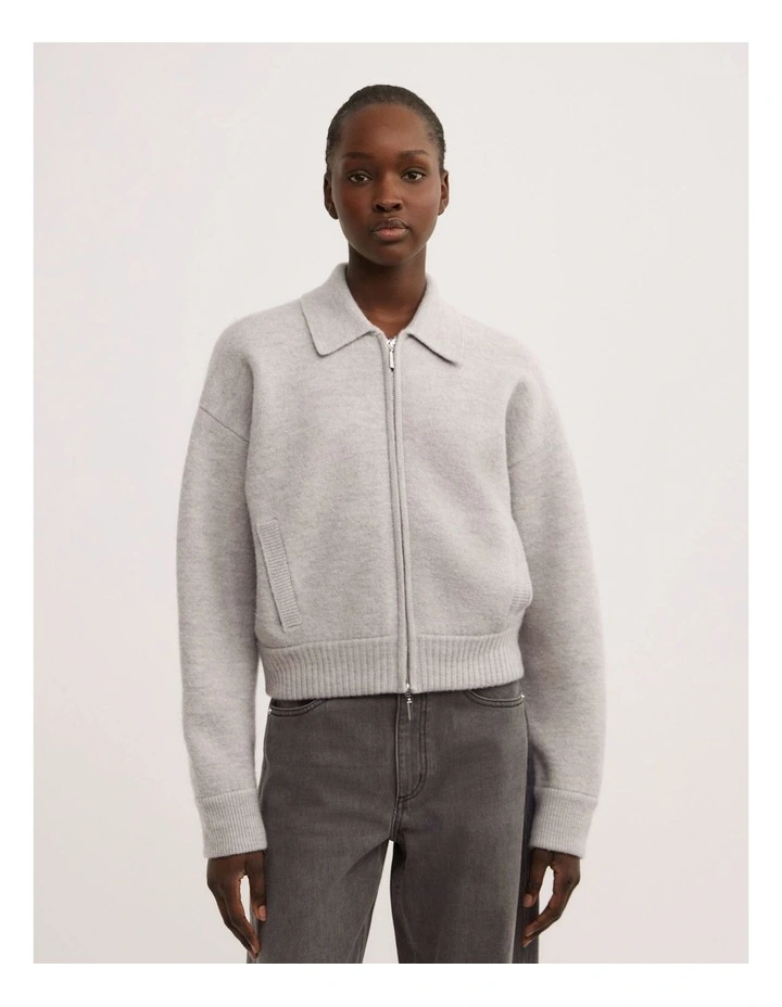 Wool Knit Bomber Jacket in Light Grey Marle image 1
