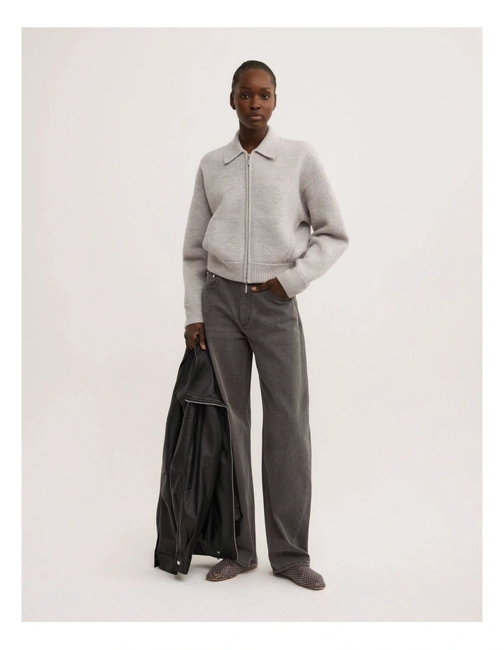 Wool Knit Bomber Jacket in Light Grey Marle image 2