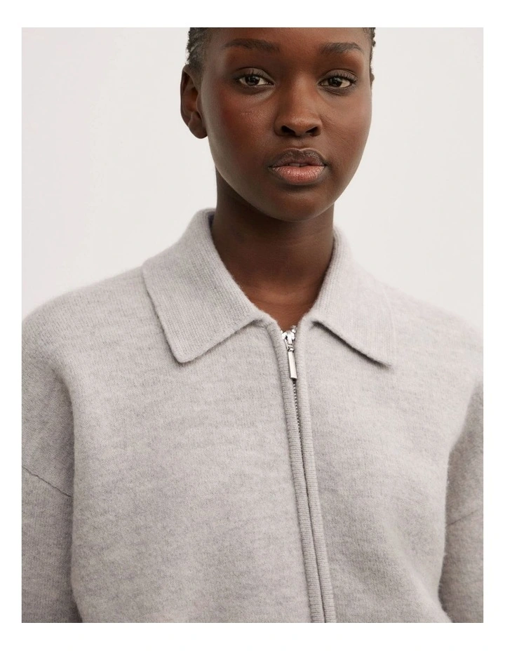 Wool Knit Bomber Jacket in Light Grey Marle image 3