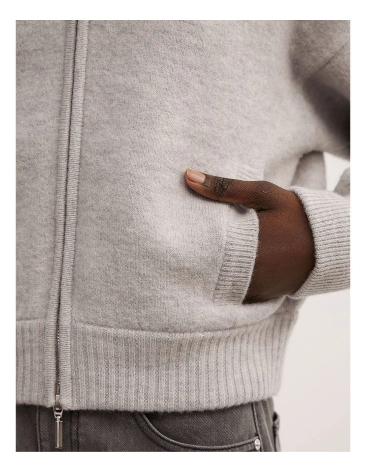 Wool Knit Bomber Jacket in Light Grey Marle image 4