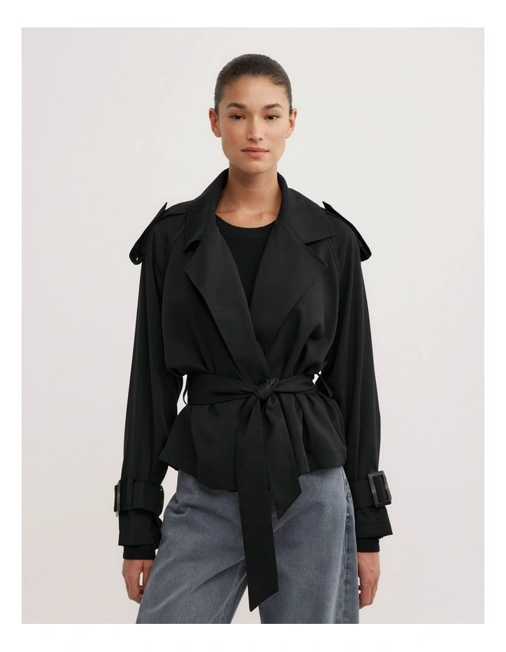 Fluid Cropped Trench Coat in Black image 1