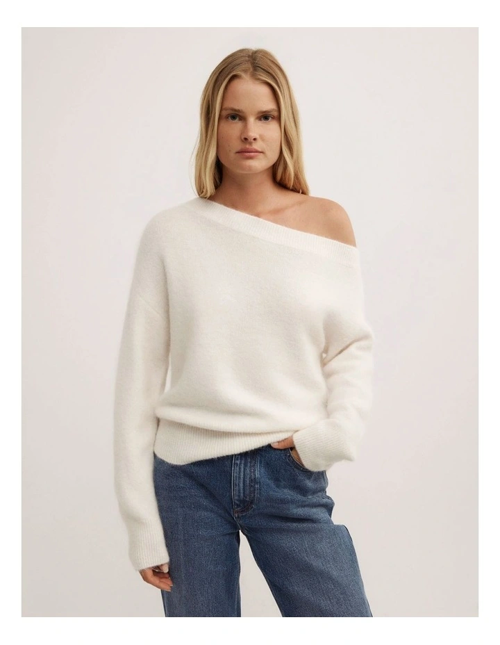 Fluffy Asymmetric Knit Jumper in Vanilla image 1