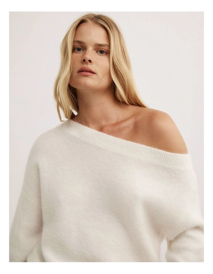 Fluffy Asymmetric Knit Jumper in Vanilla image 3