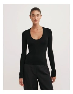Merino Scoop Neck Knit Top in Black